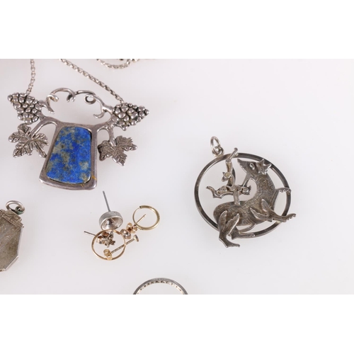 554 - Malcolm Gray silver pendant on chain, chain with grape and lapis lazuli pendant, both marked 950, sc... 