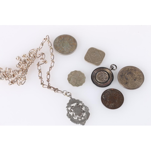 560 - Indian 1918 Rupee, silver fob medals, etc.