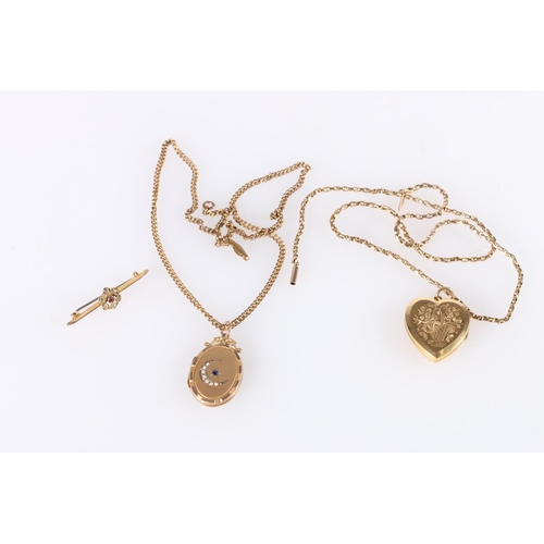 570 - 9ct gold chain, 4.6g, two photo lockets, both marked 9ct front and back, and a 9ct bar brooch with s... 