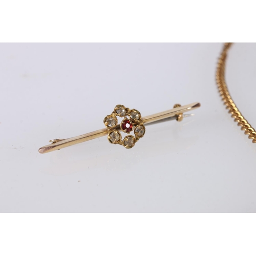 570 - 9ct gold chain, 4.6g, two photo lockets, both marked 9ct front and back, and a 9ct bar brooch with s... 