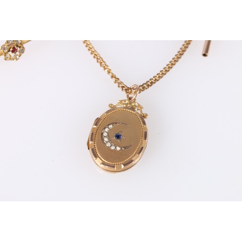 570 - 9ct gold chain, 4.6g, two photo lockets, both marked 9ct front and back, and a 9ct bar brooch with s... 