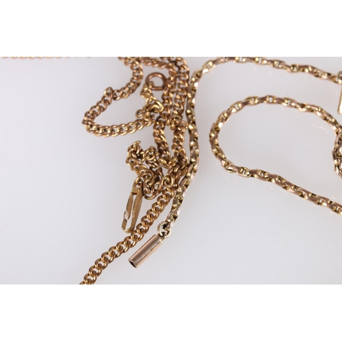 570 - 9ct gold chain, 4.6g, two photo lockets, both marked 9ct front and back, and a 9ct bar brooch with s... 