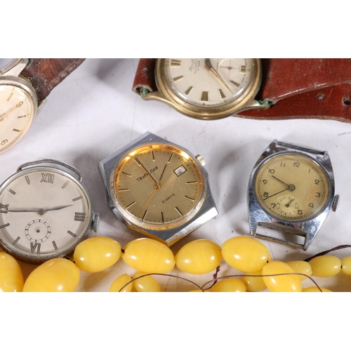 572 - Five gentleman's wrist watches to include Fero, Trafalgar, etc., and two strands of amber style bead... 