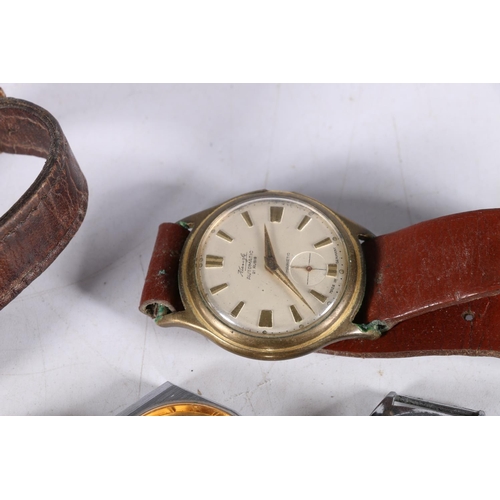 572 - Five gentleman's wrist watches to include Fero, Trafalgar, etc., and two strands of amber style bead... 