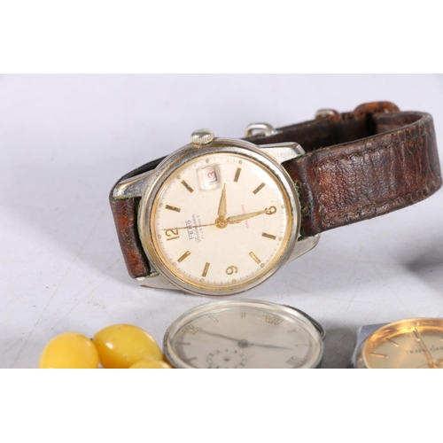 572 - Five gentleman's wrist watches to include Fero, Trafalgar, etc., and two strands of amber style bead... 