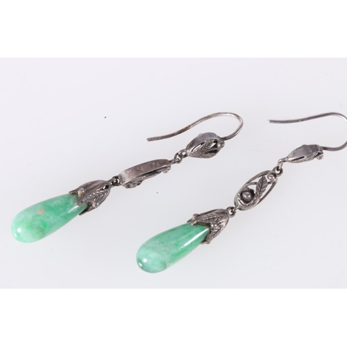 577 - Pair of earrings with green stones in yellow metal mounts, and another pair with white metal mounts.