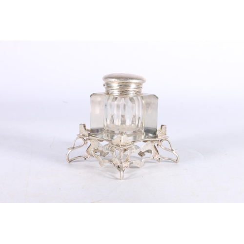 592 - Edwardian silver and matched glass ink well and base, the Art Nouveau base hallmarked John Round &am... 