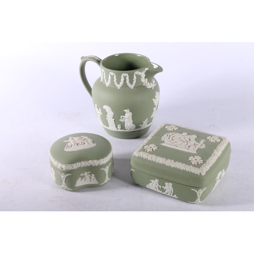 15 - Pair of Sylvac style rabbits, three pieces of Wedgewood green jasperware, a gold anchor mark porcela... 