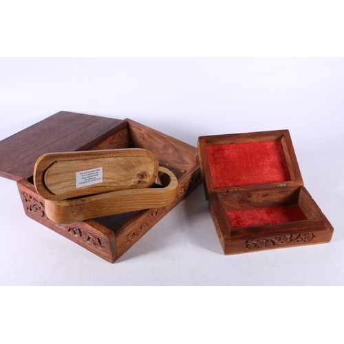 2 - Two Indian carved boxes, larger 7 x 25 x 18cm, and an oak box.