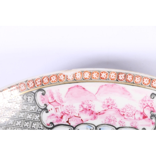 33 - 19th century famille rose porcelain dish, 21cm long and four cloisonné pin trays.