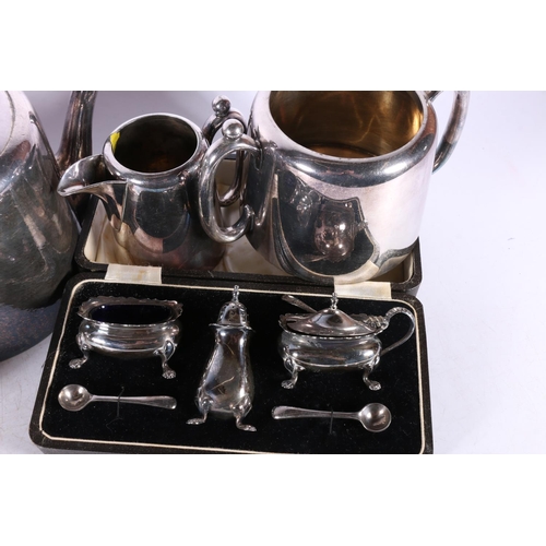 35 - EP ware to include a Walker & Hall three-piece teaset, a cruet set in fitted case, and a Hotel p... 