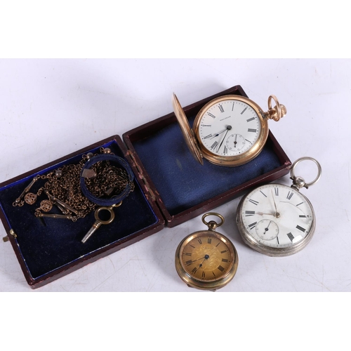 626 - Waltham gold plated full hunter pocket watch, 5cm, another fob watch, and a silver cased pocket watc... 