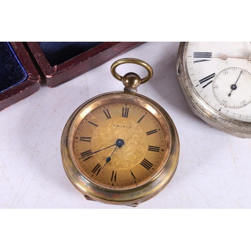 626 - Waltham gold plated full hunter pocket watch, 5cm, another fob watch, and a silver cased pocket watc... 