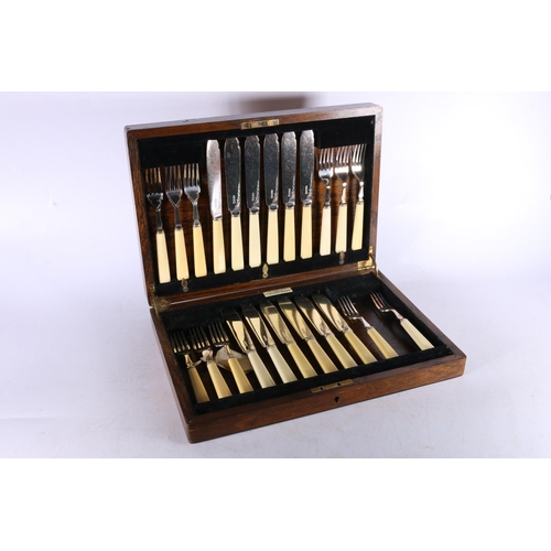 63 - Cased fish knives and forks with ivorine handles in fitted case, (lacking one fork).