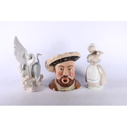 78 - Henry VIII character mug, 18cm high, a Nao figure, and a Lladro matt finish figure.