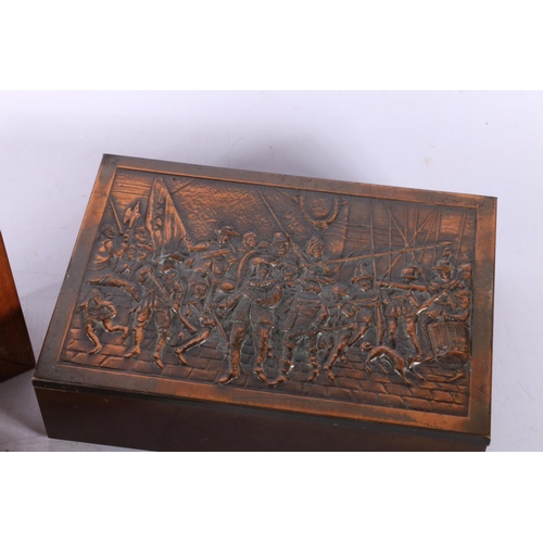 82 - Inlaid box with sunburst style top, 6cm x 28cm x 10cm, another box in the form of a book, three repr... 