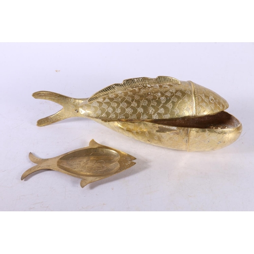 9 - Indian brass box in the form of a fish, a brass model of Three Wise Monkeys, a heavy brass model of ... 