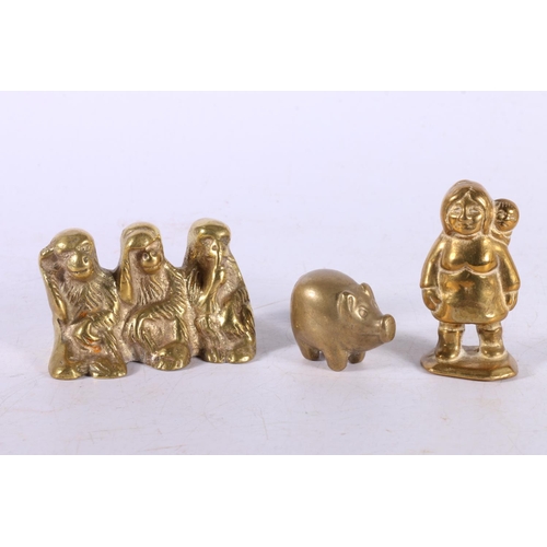 9 - Indian brass box in the form of a fish, a brass model of Three Wise Monkeys, a heavy brass model of ... 