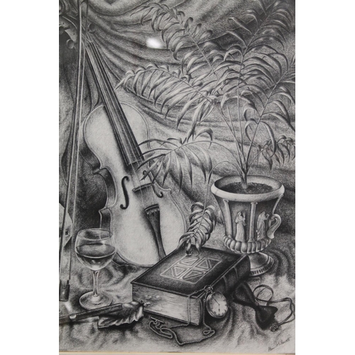 213 - ALAN M BENNETT, Still life with violin, cigar, pocket watch etc., pencil drawing, signed lower right... 