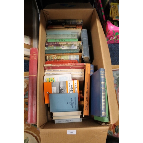 326 - Box of books to include The Citizens Atlas, Aircraft books, etc.