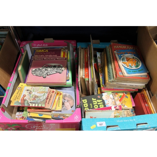 327 - Two boxes containing mainly children's books to include Ladybird books, annuals, Rupert the Bear, No... 