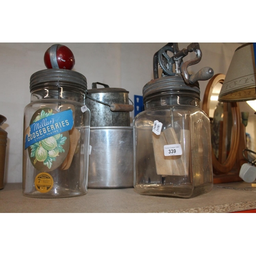 339 - Kitchenalia to include a glass butter churn, another, a twin-handled steel basin, etc.