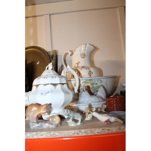 367 - Decorative ceramics to include tureen and cover, ewer and basin, teapot, wade whimsies, etc.