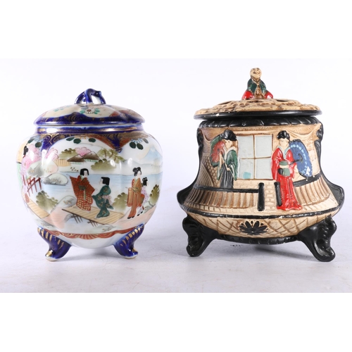 140 - Chinese inspired footed pot pourri, 20cm, and a Japanese style lidded pot.