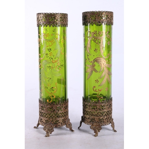 175 - Antique tall green glass vases with hand painted design.