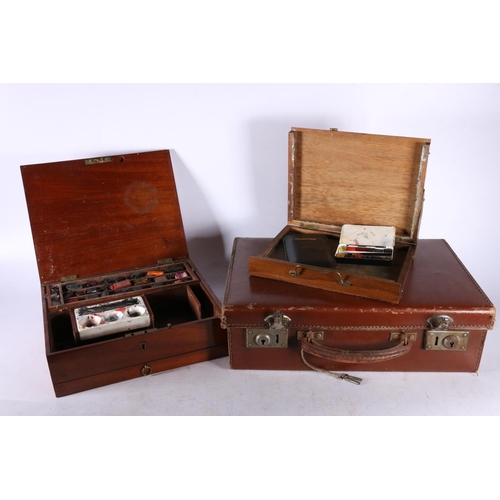 255 - Artist's mahogany box with lift-out trays containing paints, another smaller, a Rowney pocket paint ... 