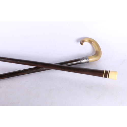 265 - Horn-handled walking cane with silver collar, and another.