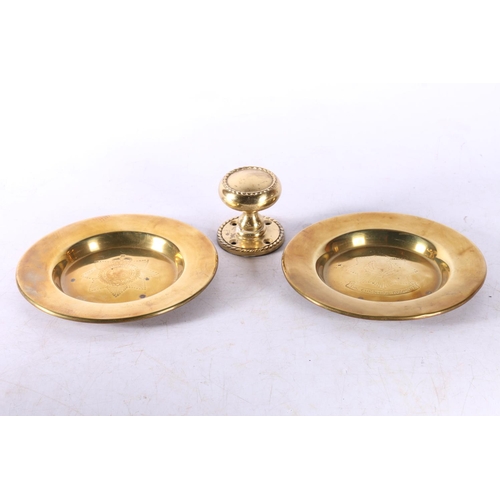 304 - Cheshire Regiment brass dish, another military dish, and a doorknob.