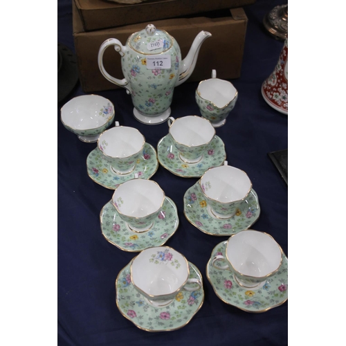 112 - Foley China coffee set to include a coffee pot, 19cm high, a cream jug, a sugar bowl, and six cups a... 