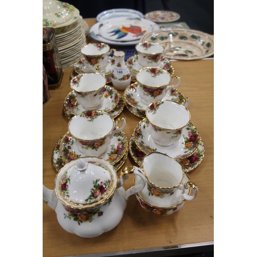 146 - Royal Albert teaset to include a small teapot, 13cm, jug, bowl, six cups, saucers, plates, and a bud... 