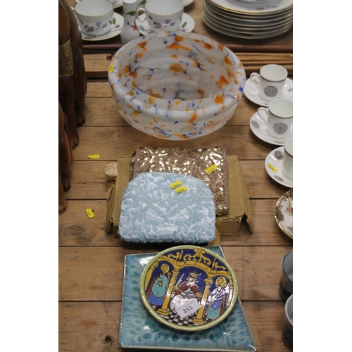 253 - Mid-century mottled glass ceiling light shade, two sequinned bags, a Seville pottery dish, and anoth... 