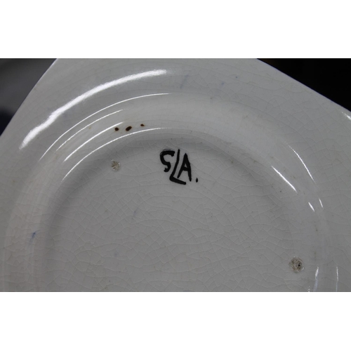 263 - Art Deco Scottish lady artist pottery, signed S L A to include a quaich, sandwich plates, side plate... 