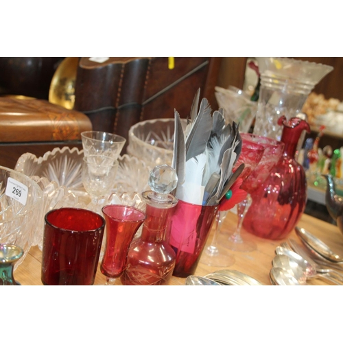 269 - Pair of cranberry flash-cut wine goblets, a Victorian cranberry ewer, a cranberry glass beaker, Art ... 