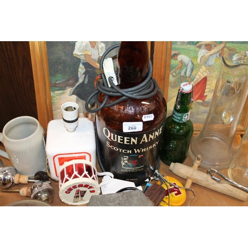 280 - Queen Anne Scotch Whisky bottle converted to table lamp, 42cm to top of bottle, and other brewanalia... 