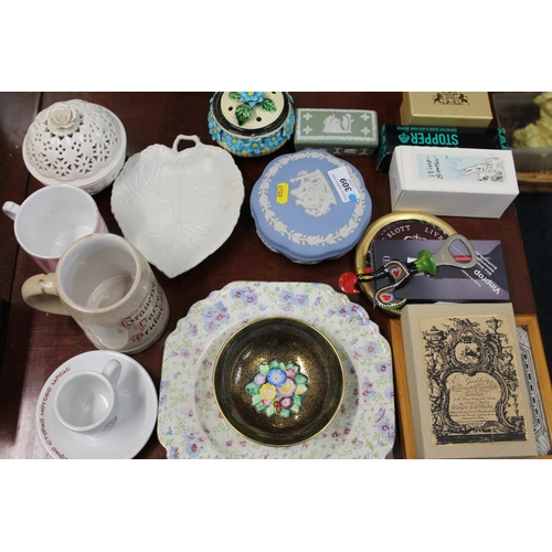 309 - Jasperware dish, mugs, plates, a bottle opener, a tile, etc.