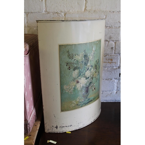 642 - Painted corner basket with hinged top and decoupage to front, 59cm.