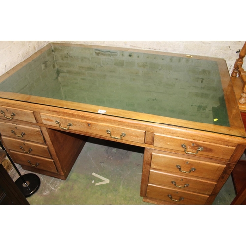 652 - 1930's/40's mahogany pedestal desk with glass panel top, 79 x 152 x 93cm.