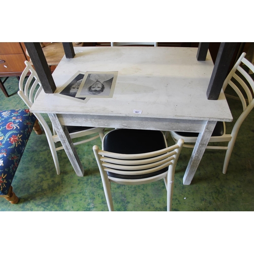 667 - White painted dining table with two portraits to top, 76 x 97 x 69cm, and four dining chairs.