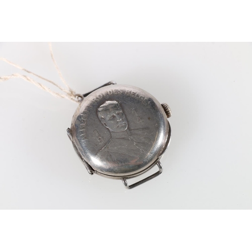 600A - Belgian silver trench watch, cover with bust of King Albert and inscribed, 