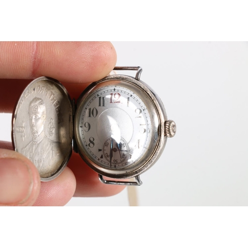 600A - Belgian silver trench watch, cover with bust of King Albert and inscribed, 