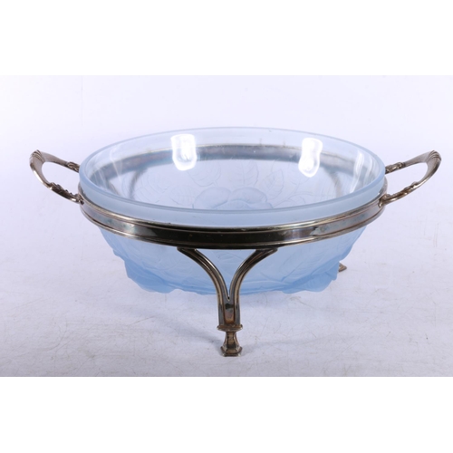 184 - Vintage art glass bowl with silver plated holder on tripod feet.