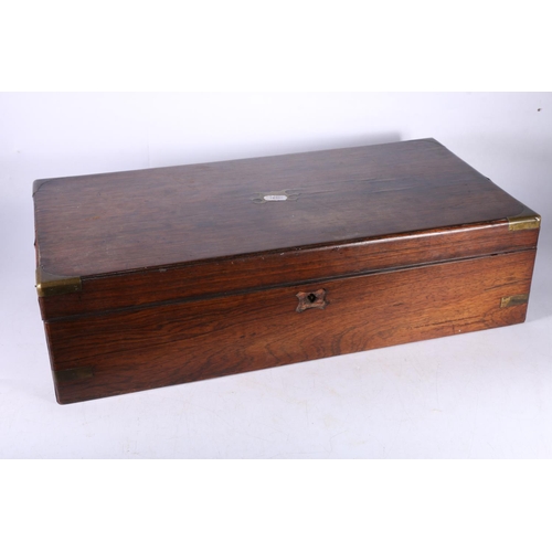 95 - 19th century rosewood and brass inlaid hinged box, 13cm x 51cm x 26cm.