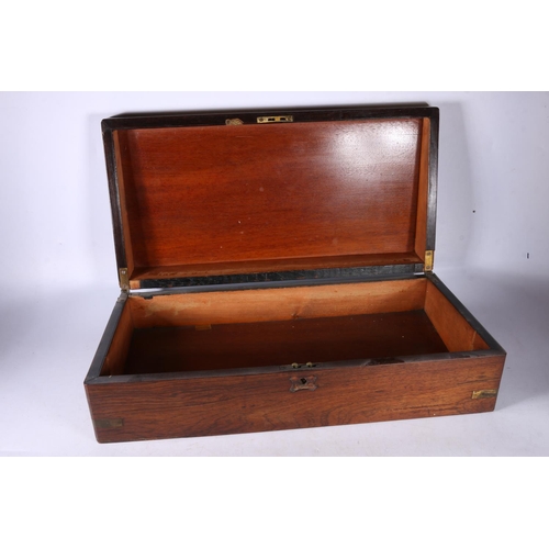 95 - 19th century rosewood and brass inlaid hinged box, 13cm x 51cm x 26cm.