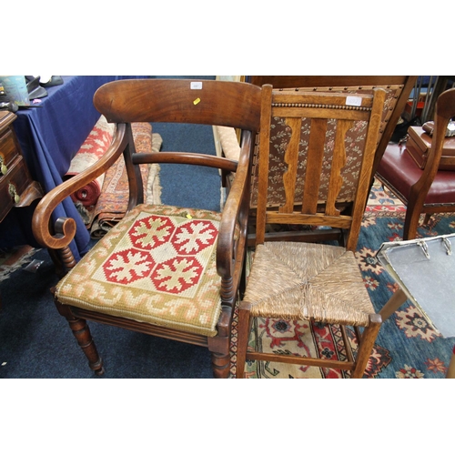 692 - 19th century mahogany open armchair with drop in seat, 88cm, and another chair with rush seat.