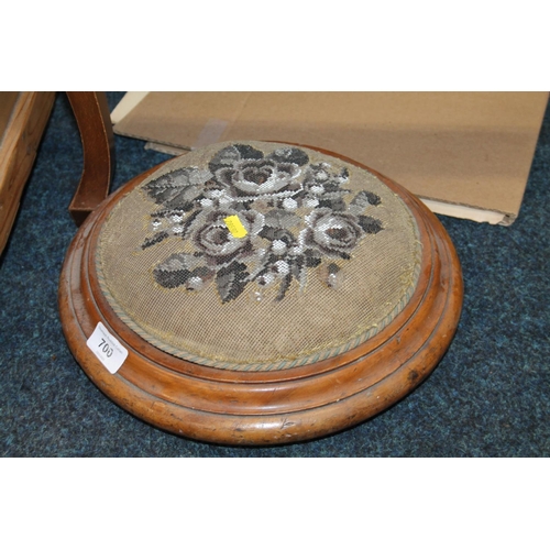 700 - Early 20th century mahogany circular foot stool with beadwork top, 34cm.