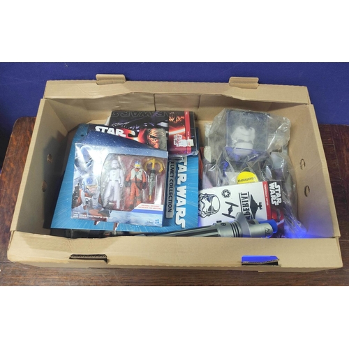 94 - Star Wars. Box of collectibles to include two 2016 Hasbro Lightsabers, and a The Force Awakens First... 